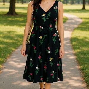 Vince Camuto Black Sleeveless Sundress w/ Floral Pattern V-Neck Midi Size M